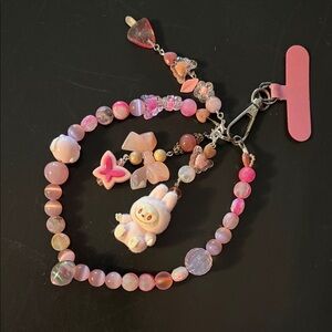 HOME MADE | Pink Beaded Phone Charm Keychain with Flocked Dada Labubu Charm